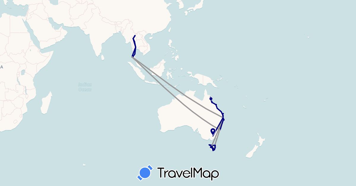 TravelMap itinerary: driving, plane in Australia, Laos, Thailand (Asia, Oceania)